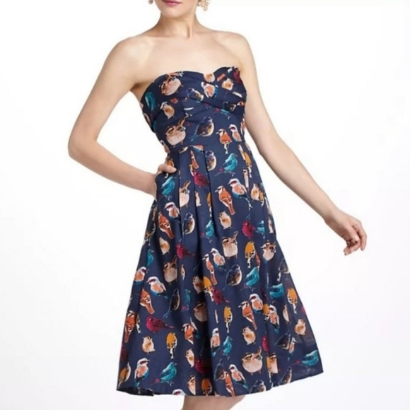 Maeve Dresses & Skirts - Maeve Strapless Cotton Navy All Over Bird Print Dress Sz 0. Womens